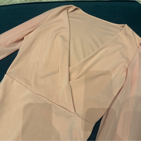 Light pink Privé Surplice Neck Contrast Mesh Wrap Bodysuit - Picture 6 of 7